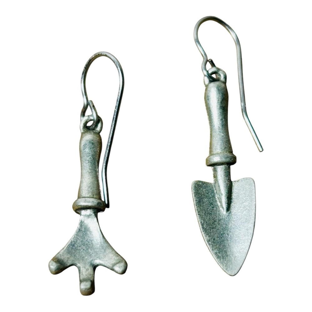 Garden Tool Set Hook Earrings Trowel Spade Jim Clift Gardener gift Pewter VTG